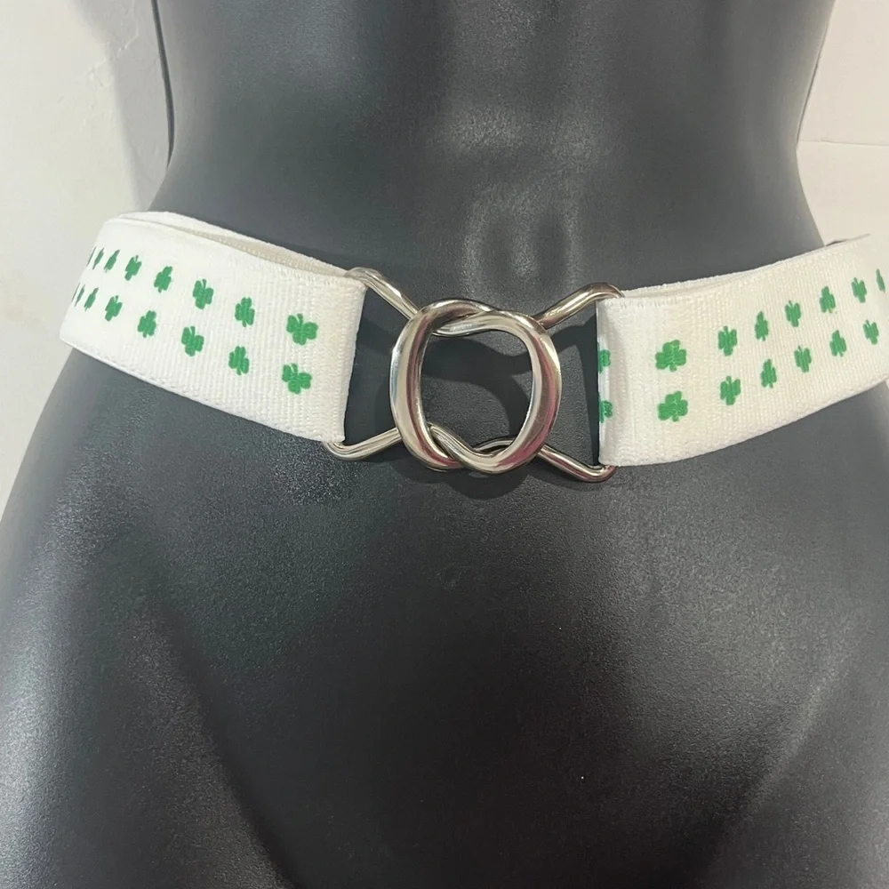 Shamrock Clover D Ring Belt White Green ONE SIZE UNISEX